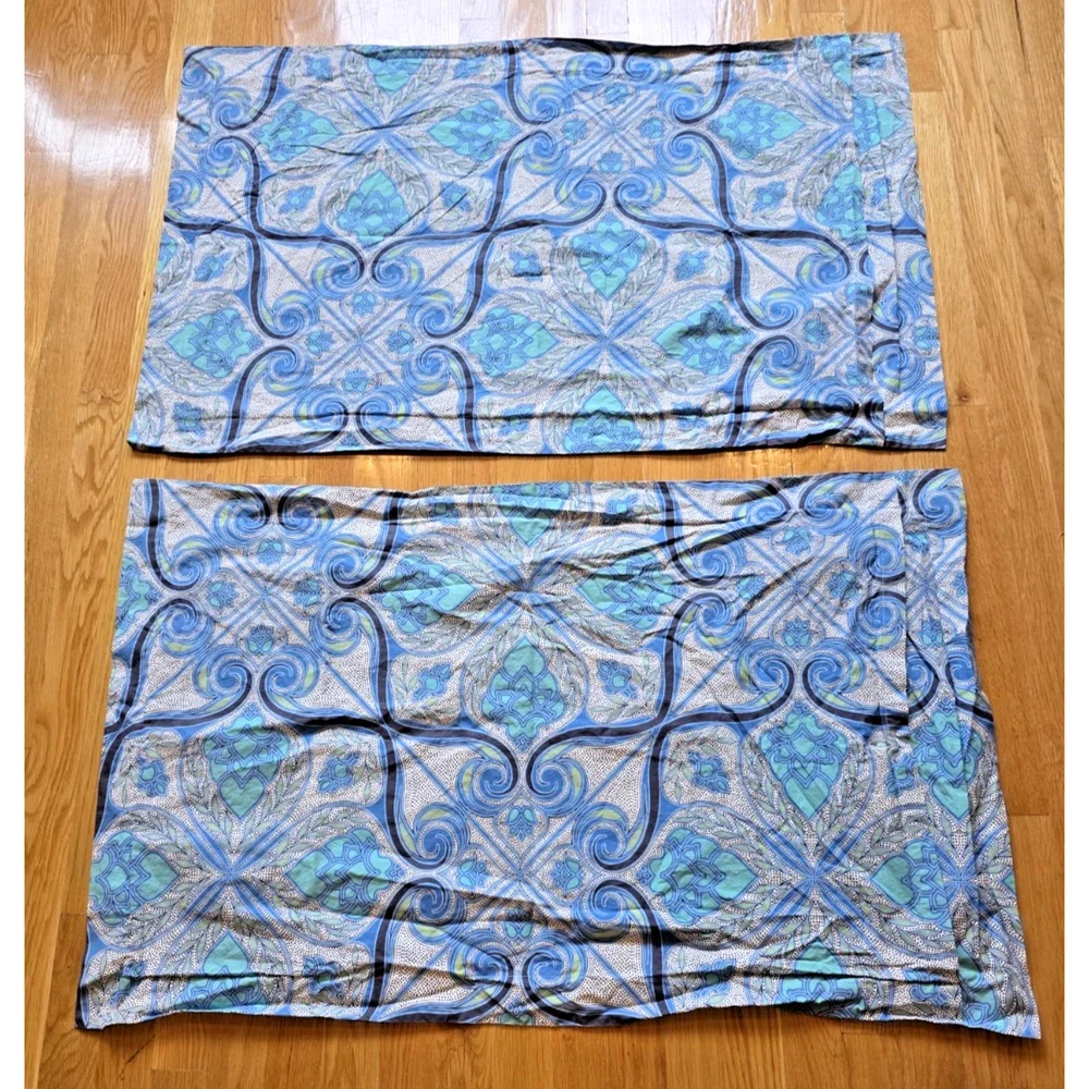 Pottery Barn Alina Moroccan Tile King Shams 2 Aqua Blue Organic Cotton Medallion